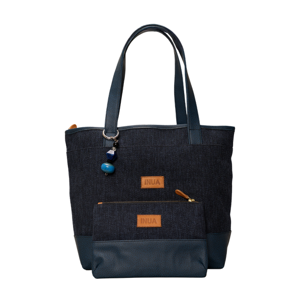 INUA Impact Double Tote with Leather Straps & Pouch – Indigo Denim