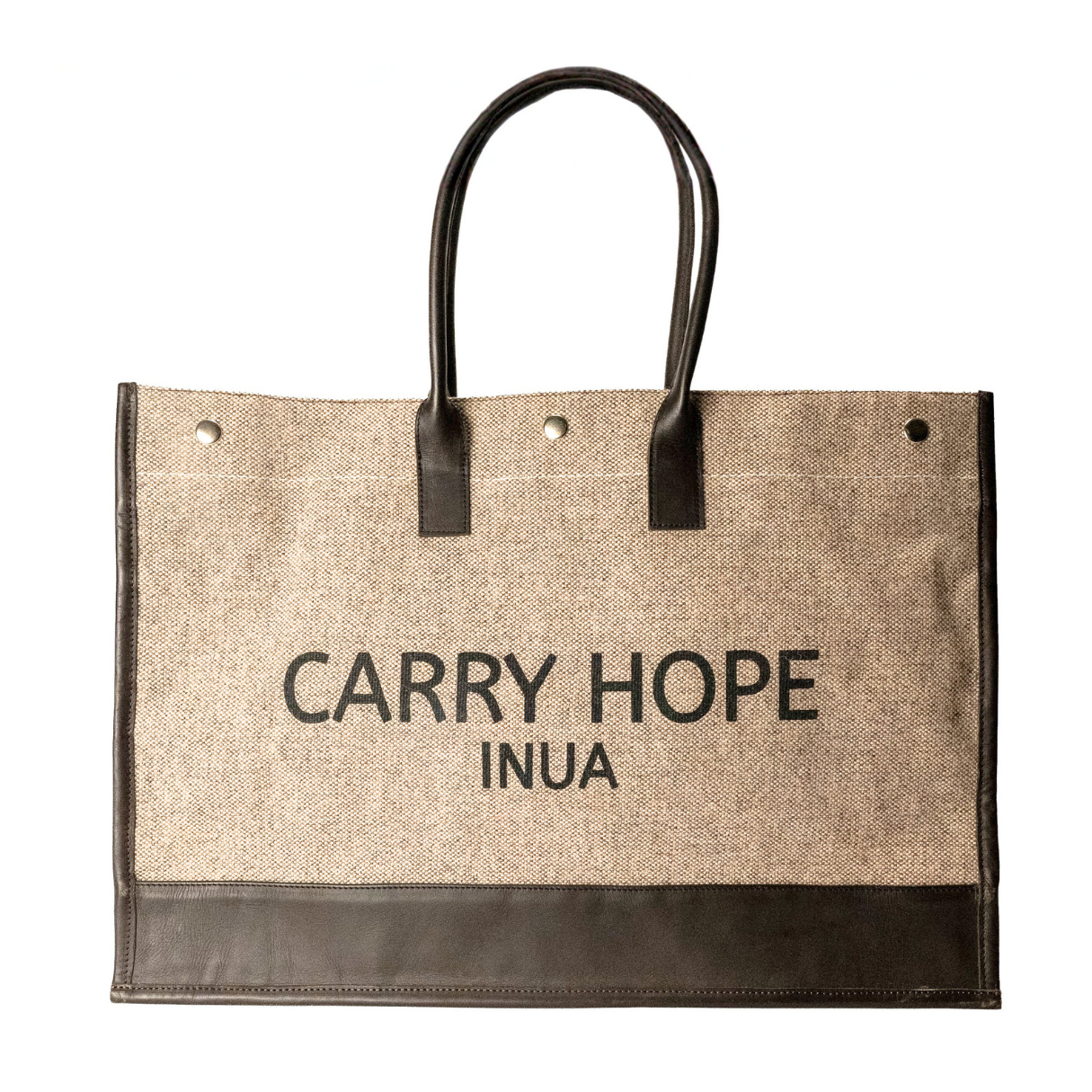 INUA Everyday Impact Tote – Beige Herringbone with Espresso Leather Straps
